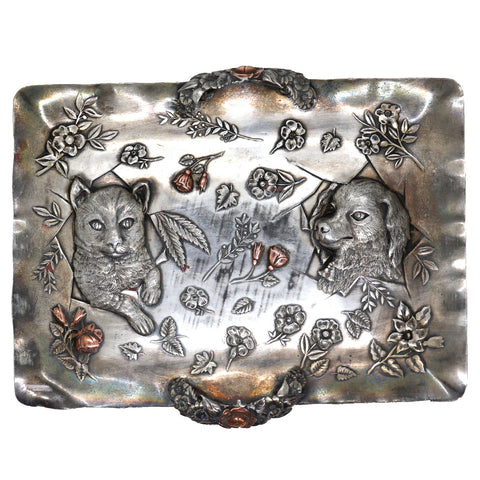 American Hartford Silver Plate and Copper Cat and Dog Calling Card Tray