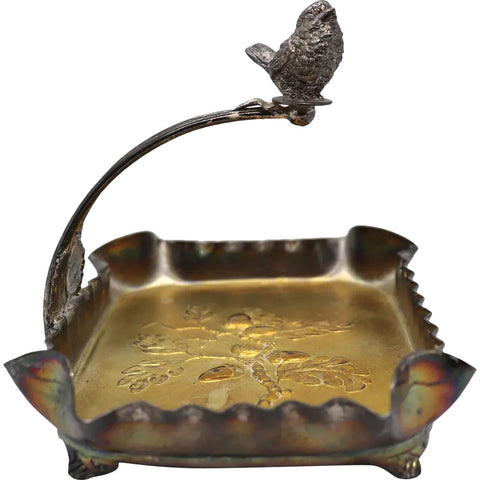 American Pairpoint Mfg. Co. Gilt Silverplate Bird Handle Calling Card Tray