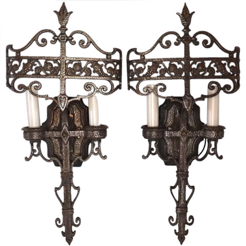 Pair American Lincoln Cambridge Tudor Revival Plated Brass Two-Light Wall Sconces