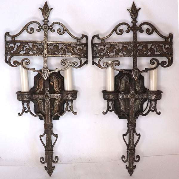Pair American Lincoln Cambridge Tudor Revival Plated Brass Two-Light Wall Sconces