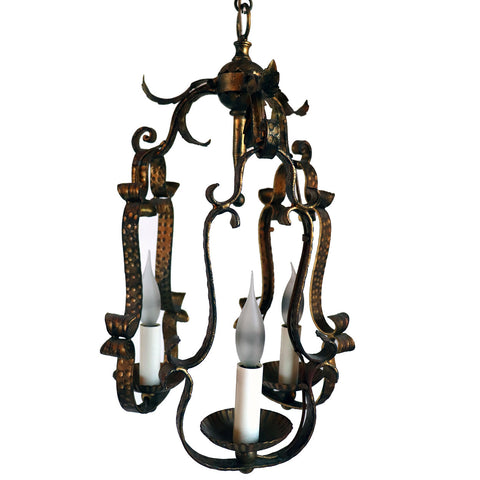 Vintage Spanish Colonial Style Gilt Wrought Iron Three-Light Chandelier