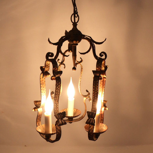 Vintage Spanish Colonial Style Gilt Wrought Iron Three-Light Chandelier