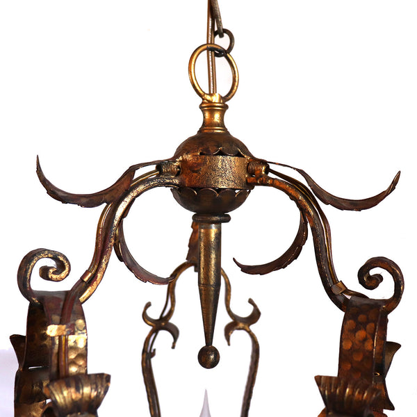Vintage Spanish Colonial Style Gilt Wrought Iron Three-Light Chandelier