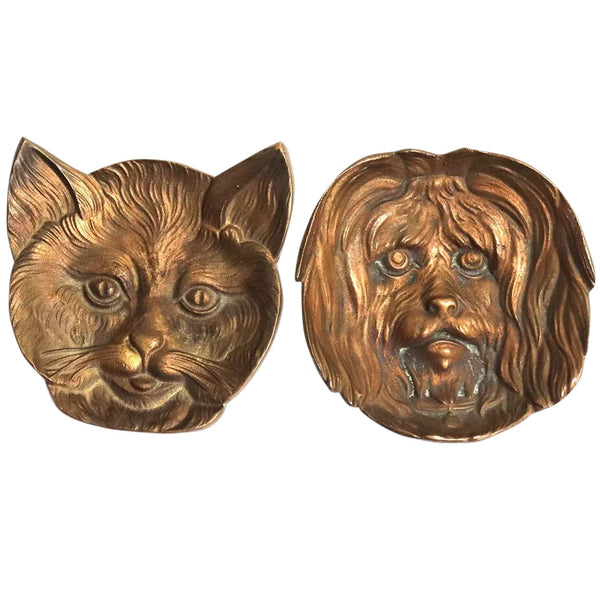 Set of Two Vintage American Cast Brass Novelty Cat and Dog Dishes