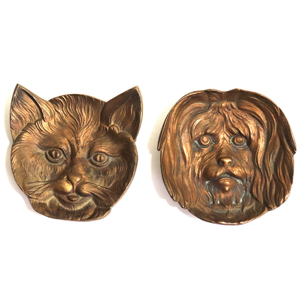 Set of Two Vintage American Cast Brass Novelty Cat and Dog Dishes