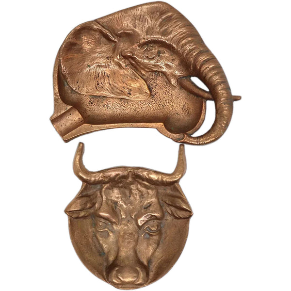 Two American Bronze Novelty Longhorn Bull and Elephant Cigar Ashtrays