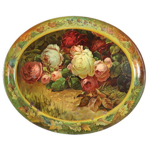 American Toleware Tin Lithograph Floral Oval Tavern Tray