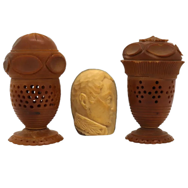 Continental Coquilla Nut Sewing Thimble Holders and Tagua Nut Cameo (3 pieces)