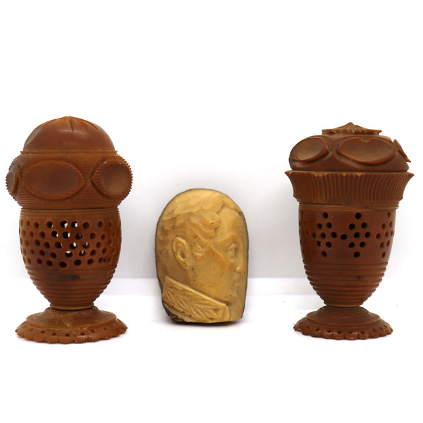 Continental Coquilla Nut Sewing Thimble Holders and Tagua Nut Cameo (3 pieces)