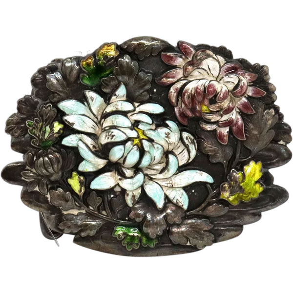 Chinese Export Cloisonne Enamel and Silver Chrysanthemum Belt Buckle
