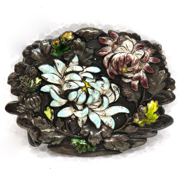 Chinese Export Cloisonne Enamel and Silver Chrysanthemum Belt Buckle