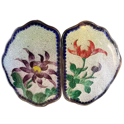 Japanese Ginbari Cloisonne Enamel Floral Two-Piece Sash Belt Buckle