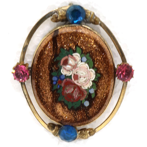 Two Italian Goldstone Micro Mosaic Floral Oval Brooches