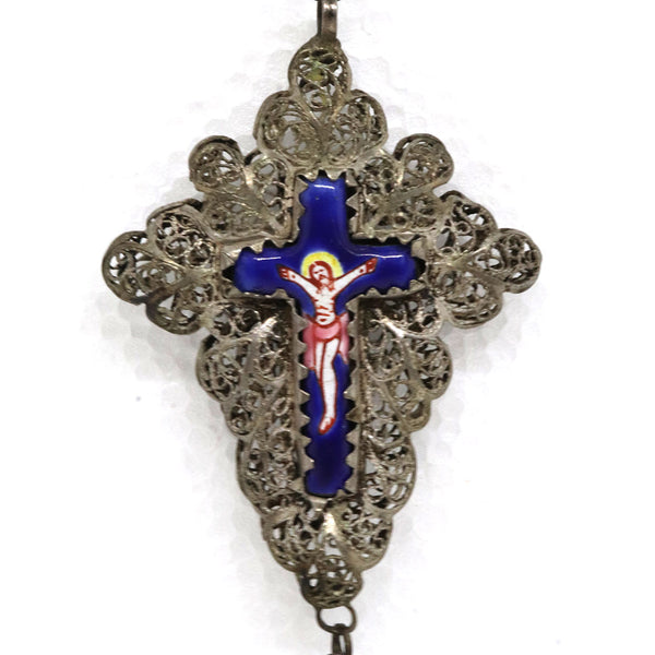 Bavarian Silver Filagree and Enamel Reliquary Cross Necklace Pendant