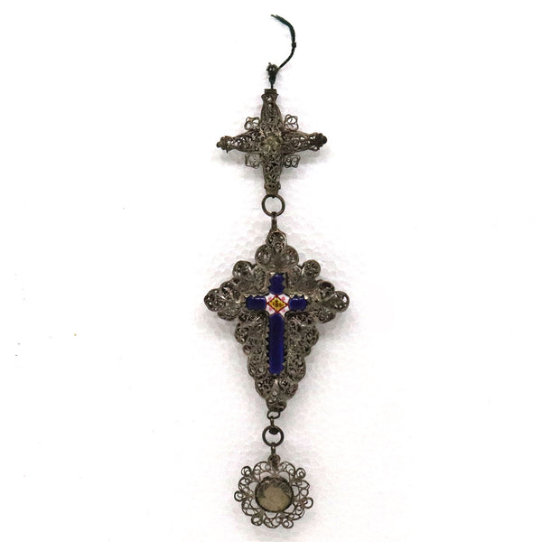 Bavarian Silver Filagree and Enamel Reliquary Cross Necklace Pendant
