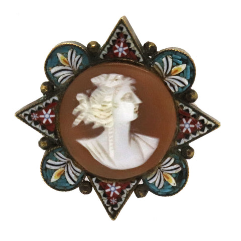 Italian Fabbrica Angelo Pessar Micro Mosaic, Cameo Shell, Brass Portrait Brooch