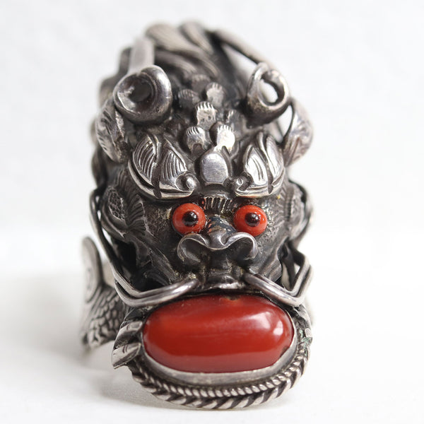 Vintage Chinese Sterling Silver, Hematite and Red Coral Dragon Ring