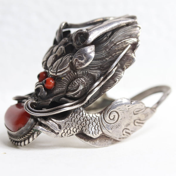 Vintage Chinese Sterling Silver, Hematite and Red Coral Dragon Ring