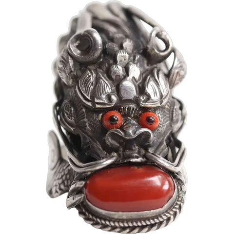 Vintage Chinese Sterling Silver, Hematite and Red Coral Dragon Ring