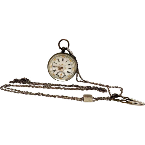 Swiss 935 Silver and Enamel Open Face Pocket Watch, Chain, Slide and Keys