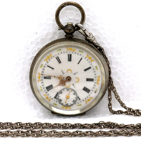 Swiss 935 Silver and Enamel Open Face Pocket Watch, Chain, Slide and Keys