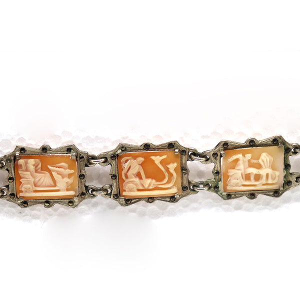Vintage Italian 800 Silver, Marcasite and Cameo Shell Panel Link Bracelet
