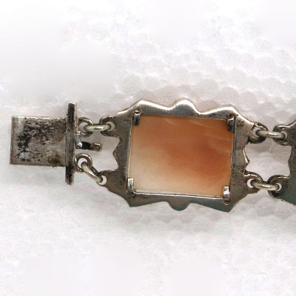 Vintage Italian 800 Silver, Marcasite and Cameo Shell Panel Link Bracelet