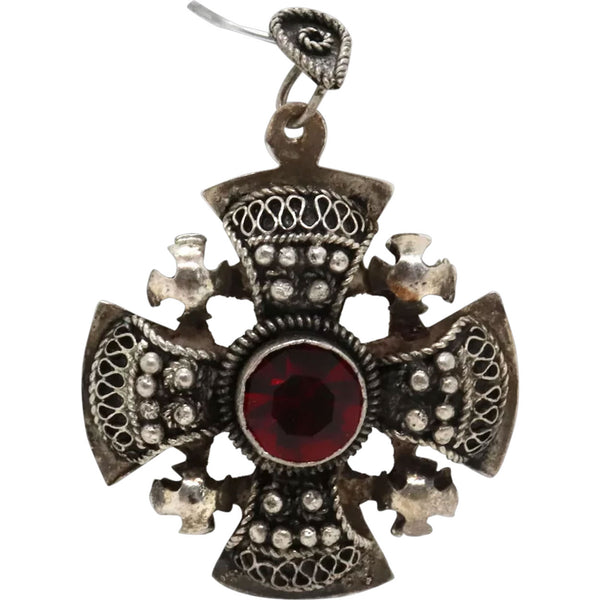 Jerusalem 999 Silver and Glass Maltese Crusader Cross Necklace Pendant