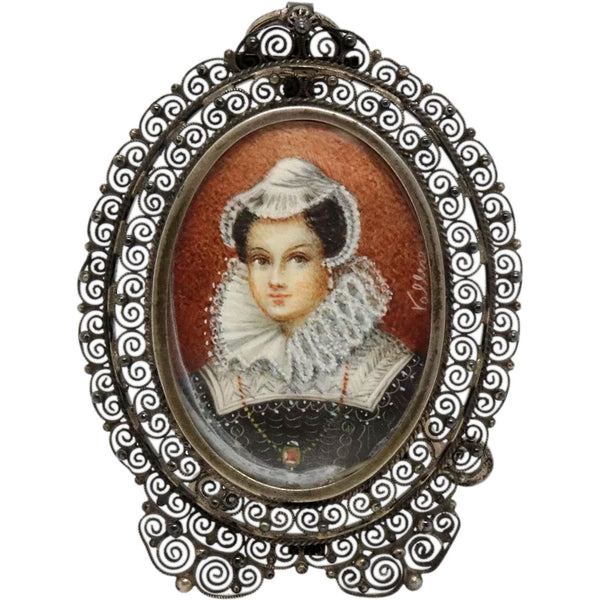 Continental 800 Silver Filagree and Enamel Elizabethan Lady Portrait Miniature