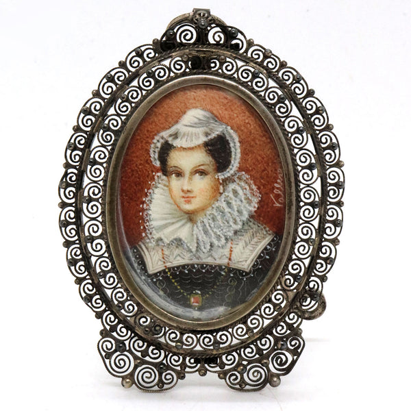 Continental 800 Silver Filagree and Enamel Elizabethan Lady Portrait Miniature