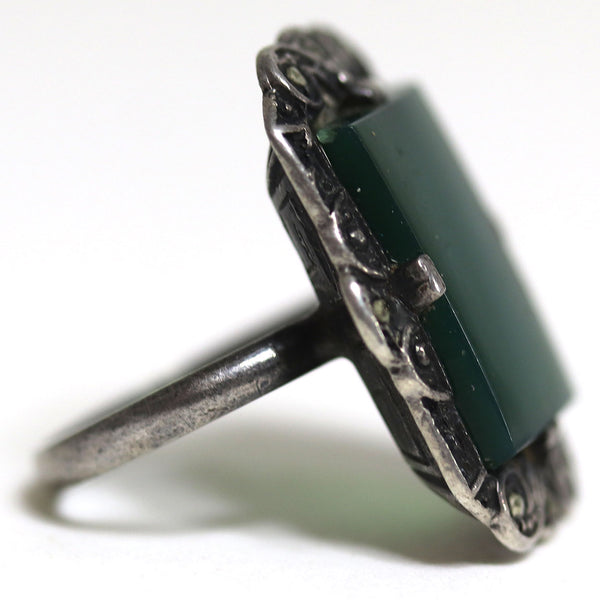 Vintage Art Deco Sterling Silver, Marcasite and Chrysoprase Lady's Ring