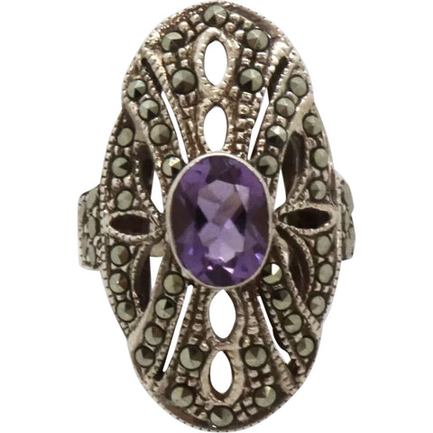 Vintage Art Deco Sterling Silver, Marcasite and Amethyst Stone Lady's Ring