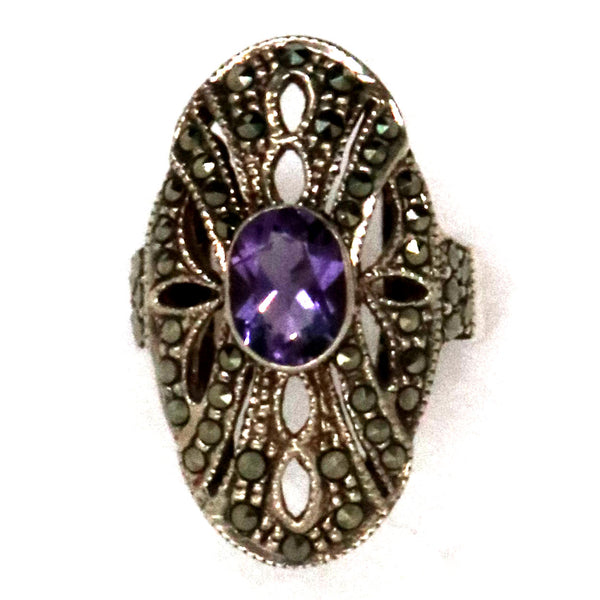 Vintage Art Deco Sterling Silver, Marcasite and Amethyst Stone Lady's Ring