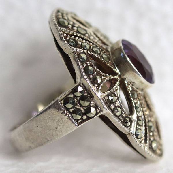 Vintage Art Deco Sterling Silver, Marcasite and Amethyst Stone Lady's Ring