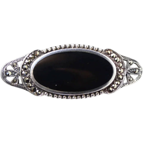 Vintage American Boma Art Deco Style Sterling Silver, Marcasite and Onyx Brooch