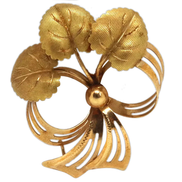 Vintage Italian 18 Karat Yellow Gold Triple Leaf and Bow Brooch
