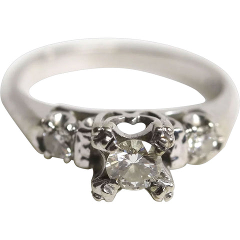 Vintage 14 Karat White Gold Round Brilliant Cut Triple-Diamond Lady's Ring