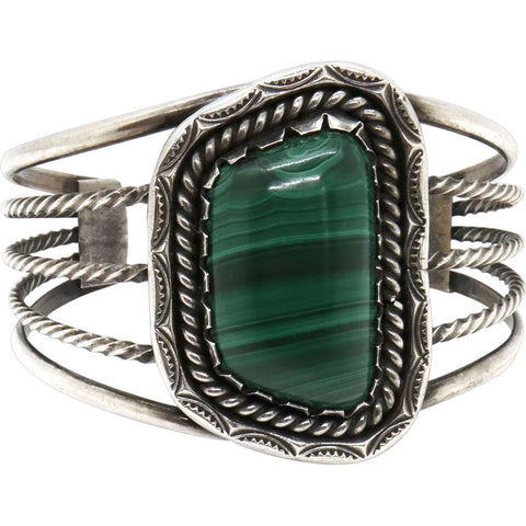 Native American Navajo Lola Daw Silver and Malachite Cuff Bracelet