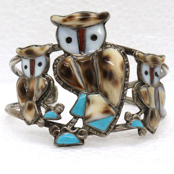 Vintage Native American Sterling Silver, Multi-Stone Triple-Owl Cuff Bracelet