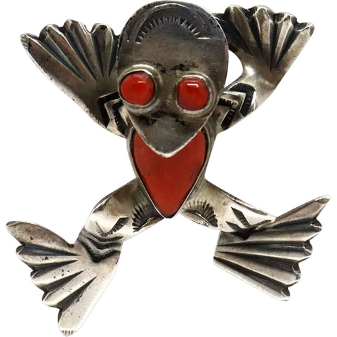 Vintage Native American Zuni Pawn Sterling Silver and Coral Frog Brooch