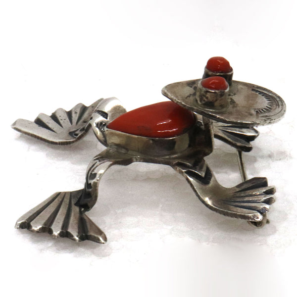 Vintage Native American Zuni Pawn Sterling Silver and Coral Frog Brooch