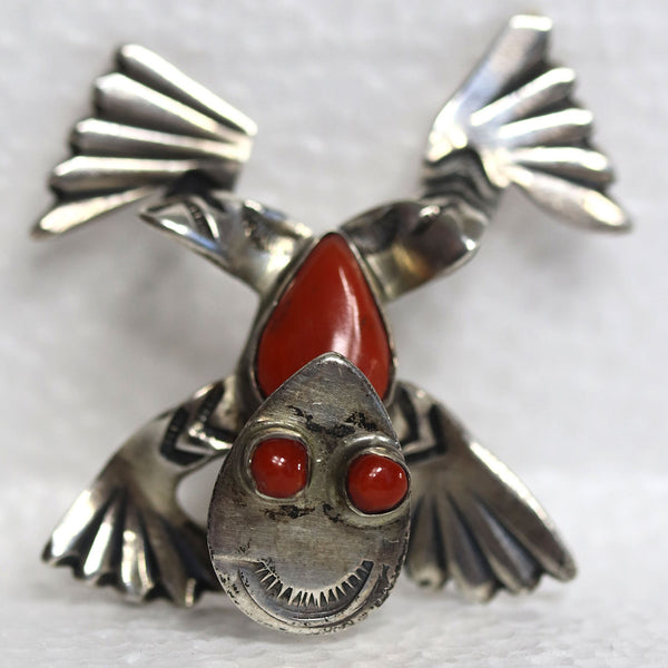 Vintage Native American Zuni Pawn Sterling Silver and Coral Frog Brooch