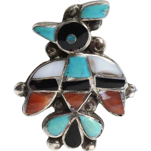 Native American Zuni Sterling Silver Multi-Stone Mosaic Thunderbird Pin