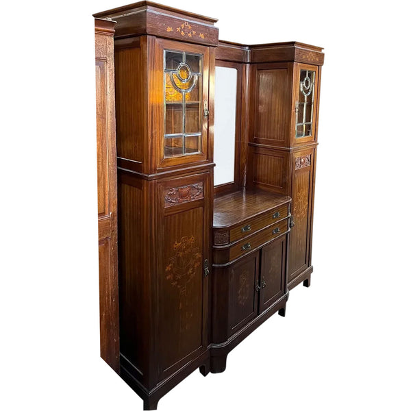 Large Italian Liberty Style Inlaid Cherry and Mahogany Mirrored Four-Part Cabinet