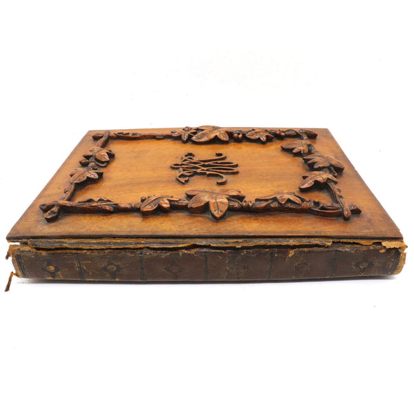 English Victorian Leather and Carved Wood Cover Ephemera Scrap Book Album
