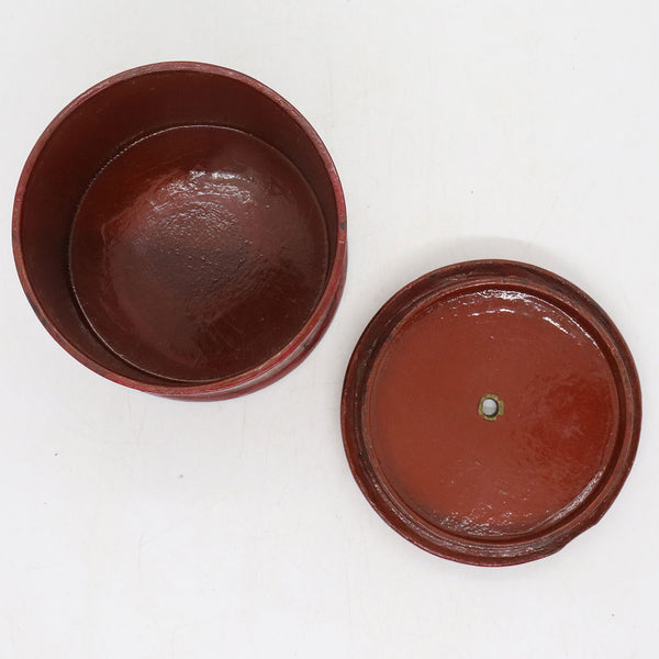 English Papier-Mache Red and Gold Lacquer Round String Holder Box