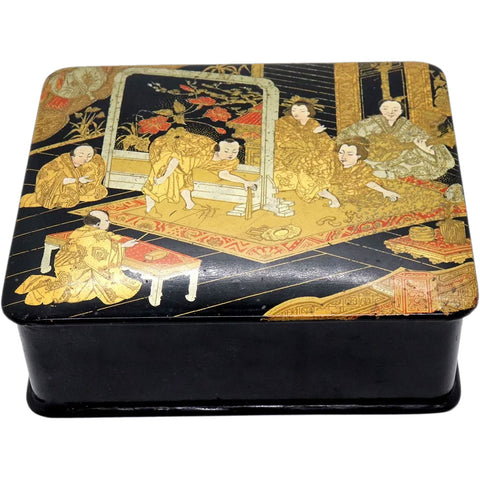 Large English Papier-Mache Black and Gold Lacquer Rectangular Trinket Box