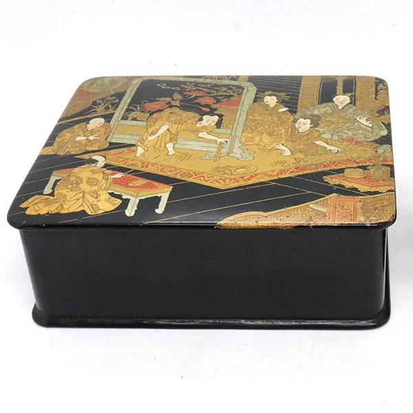 Large English Papier-Mache Black and Gold Lacquer Rectangular Trinket Box