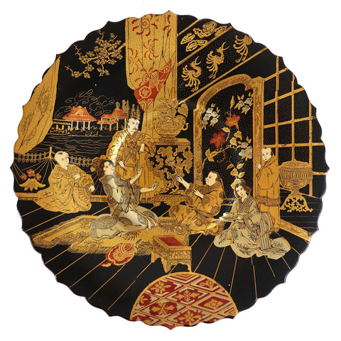 English Papier-Mache Black and Gold Lacquer Round Plate