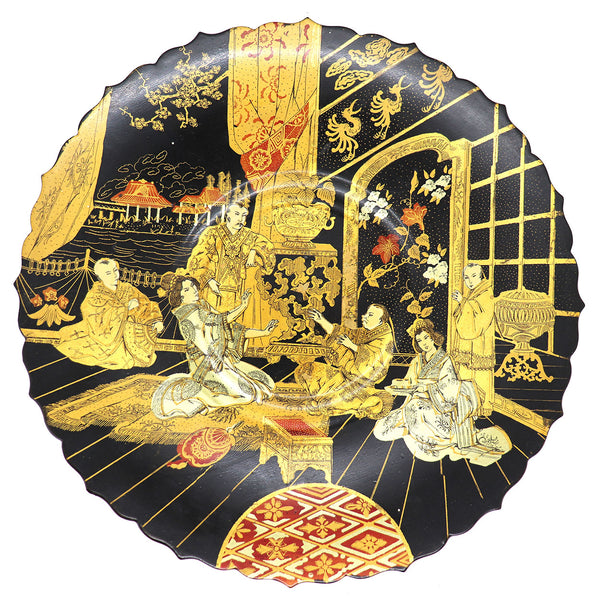 English Papier-Mache Black and Gold Lacquer Round Plate